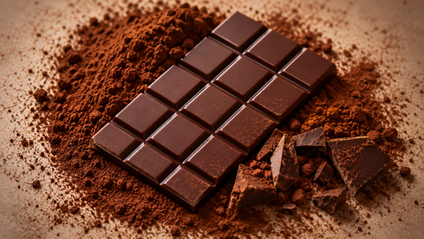 Tablette de chocolat noir de Madagascar entourée de cacao en poudre — Chocolaterie Robert