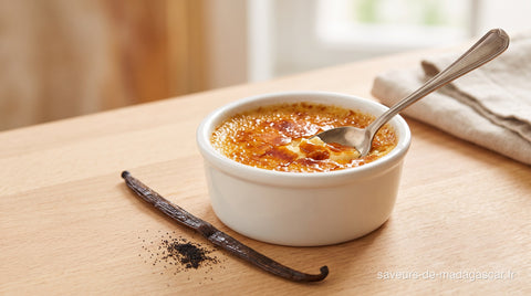 Crème brûlée à la vanille de Madagascar avec sa croûte de caramel et une gousse