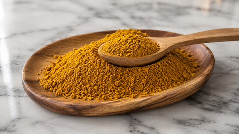 Poudre de curry doré de Madagascar sur une assiette en bois avec une cuillère