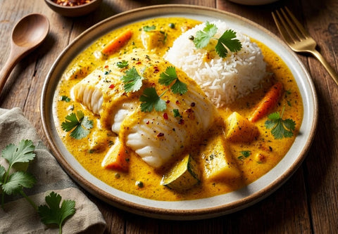 Recette de cabillaud au curry coco de Madagascar avec riz basmati et coriandre