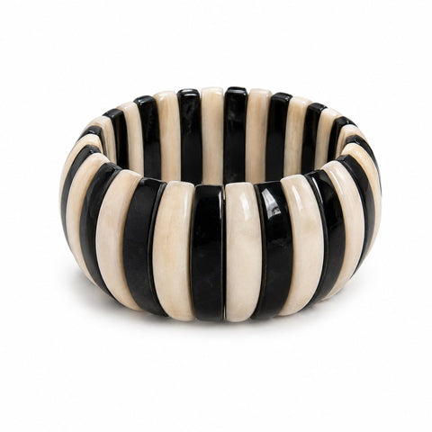 Bracelet manchette en corne et os de zébu de Madagascar, segments noirs et crème, fait main