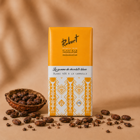 Tablette de chocolat blanc 45% à la cannelle — Chocolaterie Robert, beurre de cacao de Madagascar (75g)