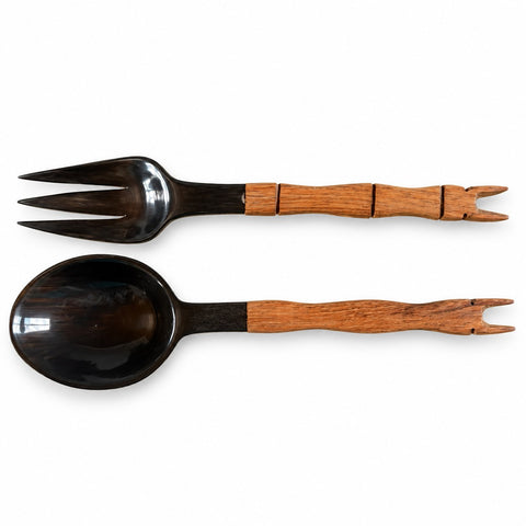 Couverts à salade en corne de zébu et bois, cuillère et fourchette de service, artisanat de Madagascar