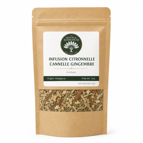 Sachet kraft refermable de 50 g — Infusion citronnelle, cannelle et gingembre de Madagascar