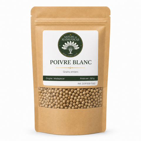 Sachet kraft refermable de 50 g — Poivre blanc de Madagascar en grains