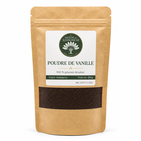Sachet refermable de 20 g — Poudre de vanille de Madagascar, 100 % gousses broyées